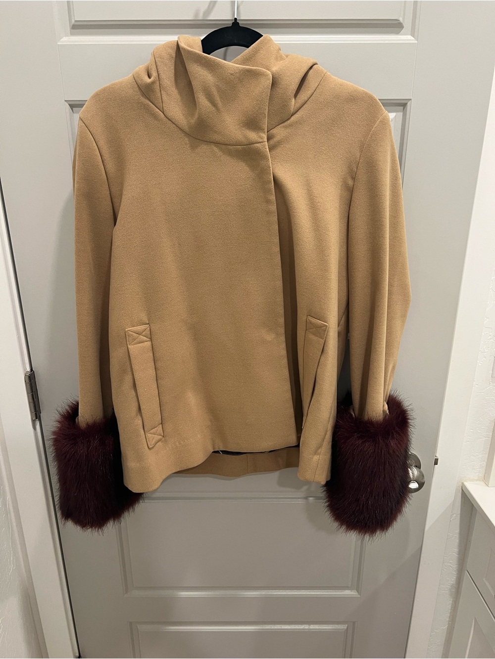 Laundry By Shelli Segal Camel Hooded Jacket with Burgundy Fur Cuffs